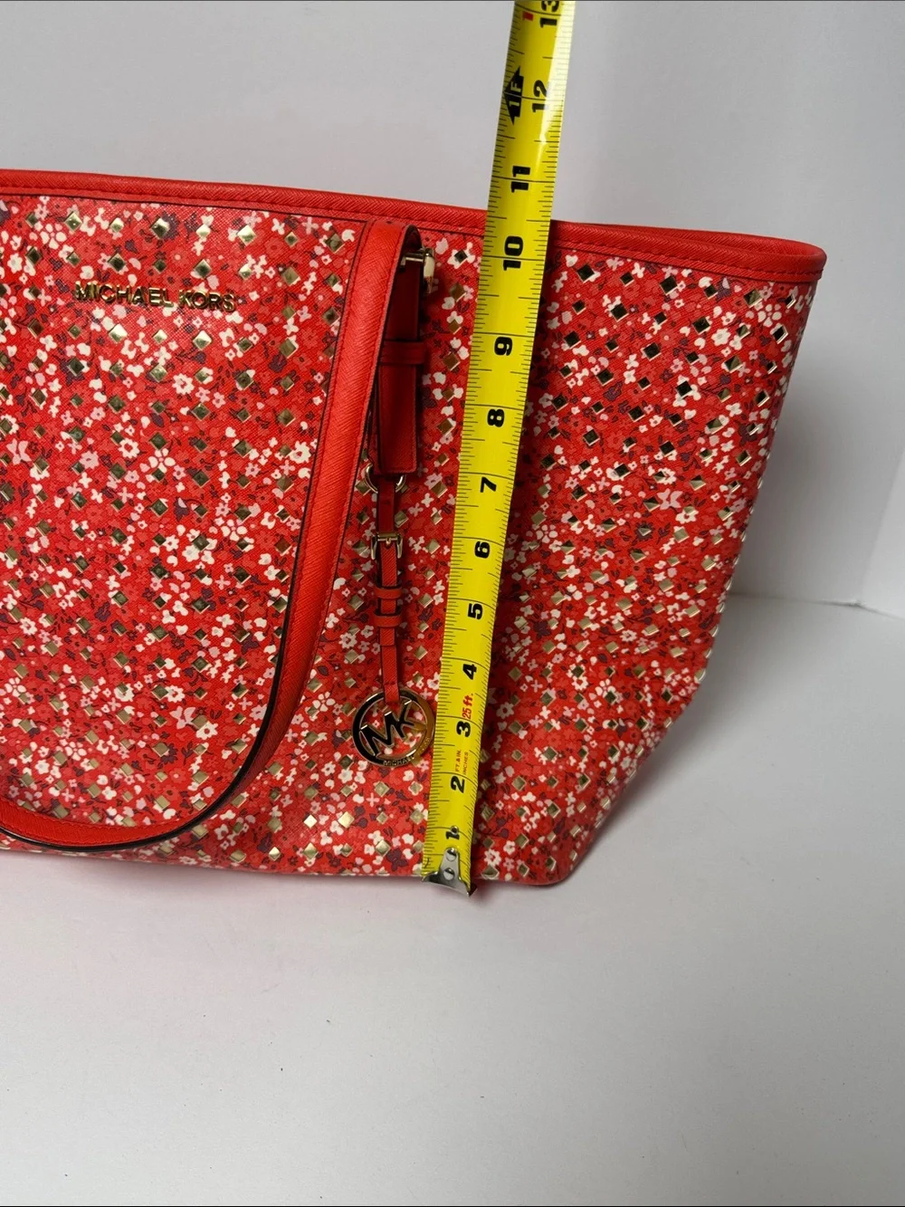 Michael Kors Jet Set Floral Red Metallic Details Tote Bag Signature Gold Charm